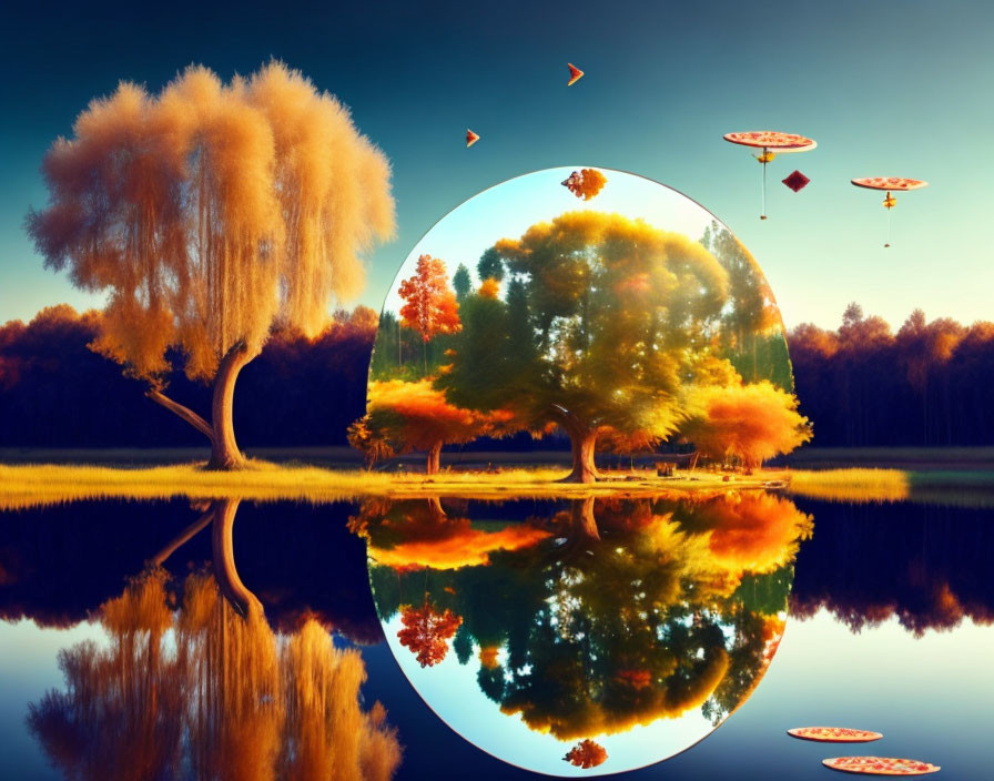 Surreal autumn landscape with reflective water, circular portal, and flying saucers