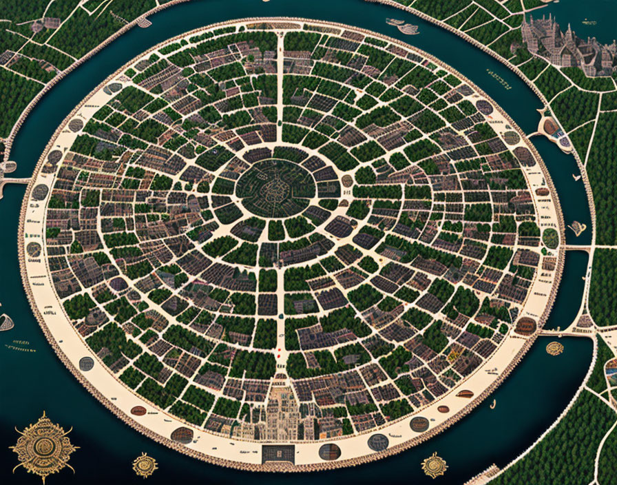 Circular City Layout with Radial Streets, Green Parks, Waterways, and Urban Blocks