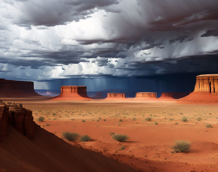 Impending storm over desert buttes under dark clouds, casting shadows on red sandy terrain.