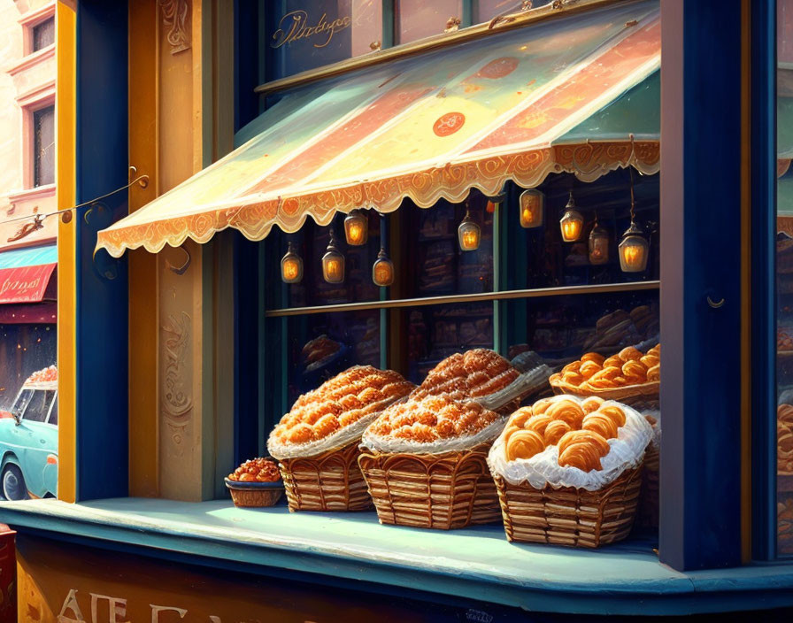 Charming bakery window with fresh bread baskets on vintage street