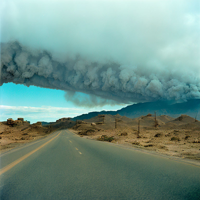 Barren desert road with dust wall, sparse buildings, and cloudy sky