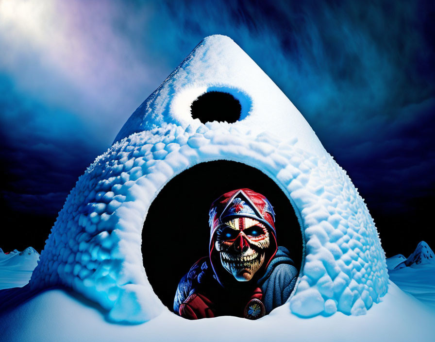 Skull-patterned balaclava person in snow igloo under twilight sky