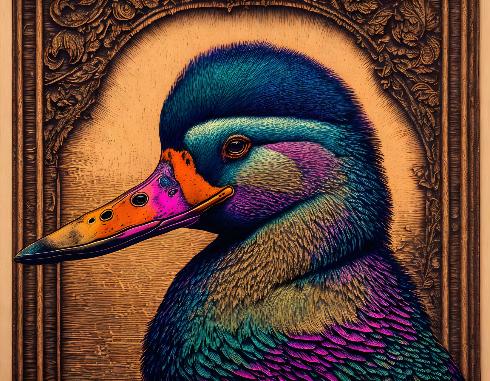 Colorful Duck Head Digital Artwork in Ornate Wooden Frame