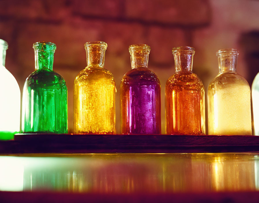 Row of Colorful Glass Bottles on Shelf with Illumination Below