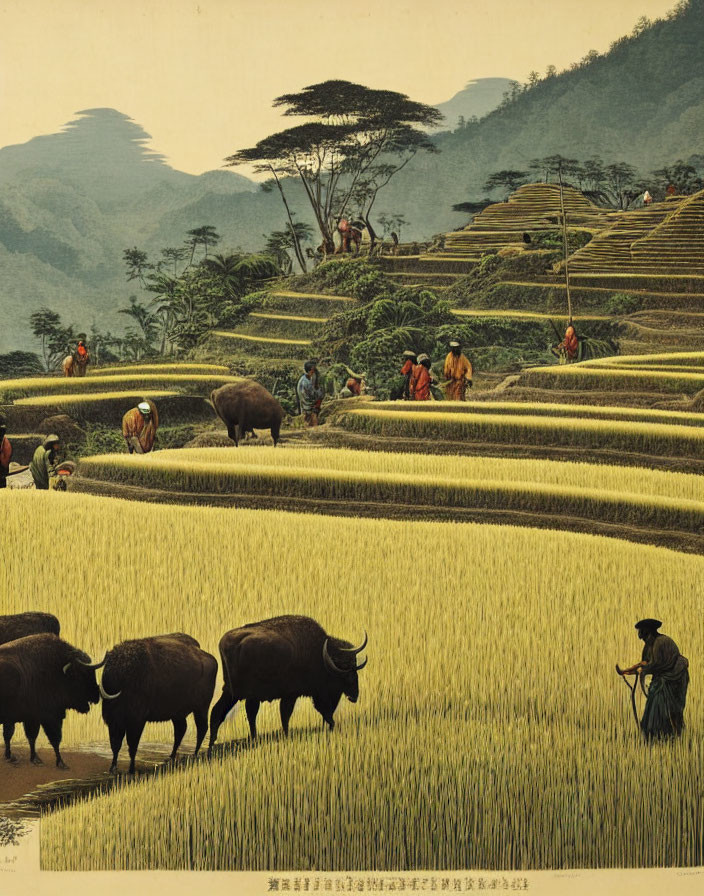 Scenic rice terraces with workers, water buffaloes, lush greenery, and rolling hills