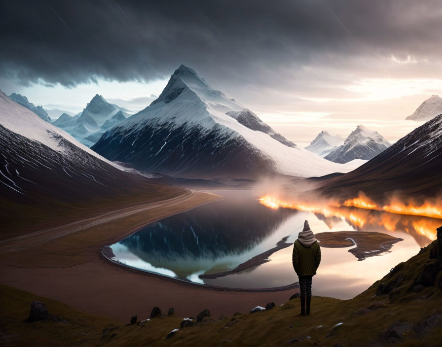 Person admires mountain landscape with reflective lake at twilight