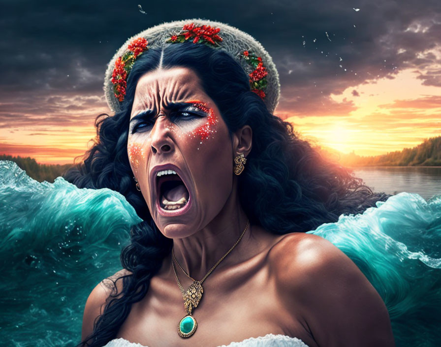 Woman with floral crown screams against crashing waves and sunset sky