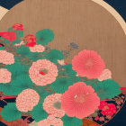 Japanese Woodblock Print: Vibrant Blooming Flowers in Circular Frame