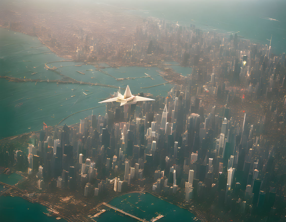 Cityscape with Skyscrapers and Plane Flying Low Over Urban Area