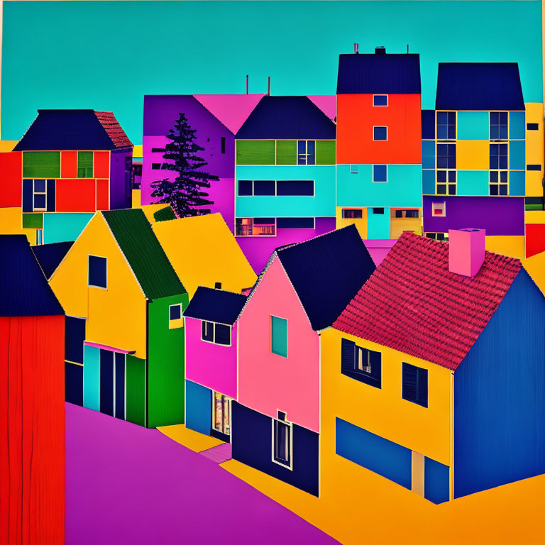 Colorful houses with contrasting roofs in a vibrant neighborhood setting.