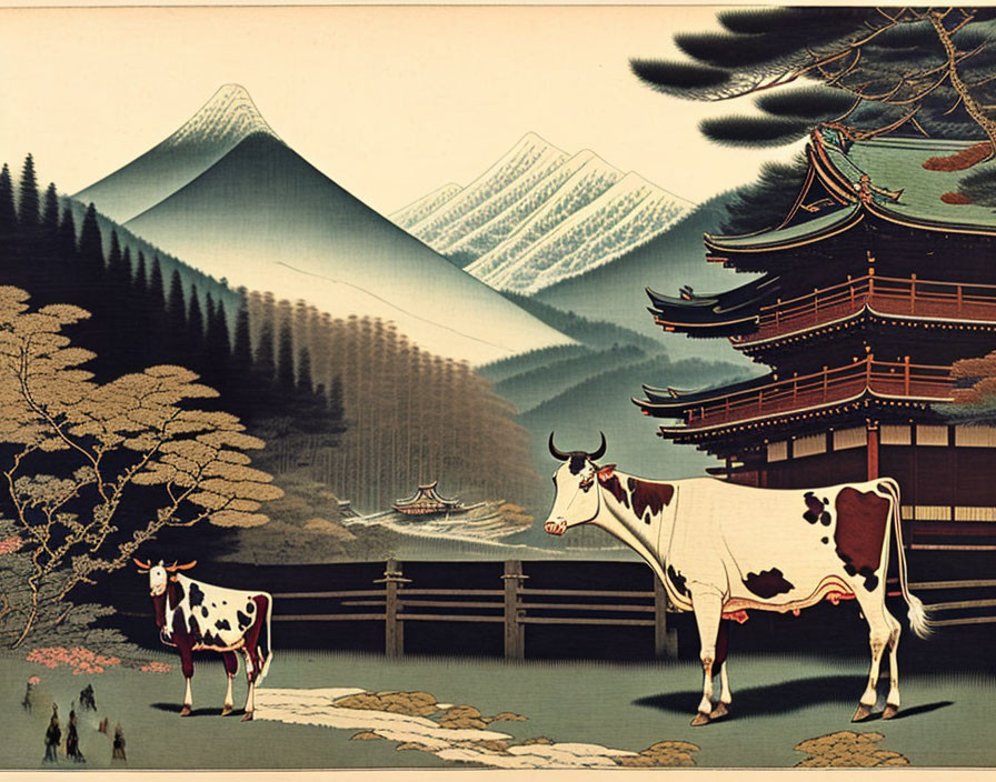 Japanese Art: Pastoral Scene with Cows, Wooden Structure, Mountains