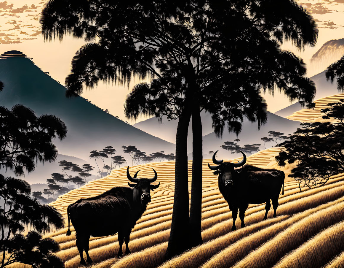 Silhouetted water buffaloes in terraced fields at sunrise or sunset