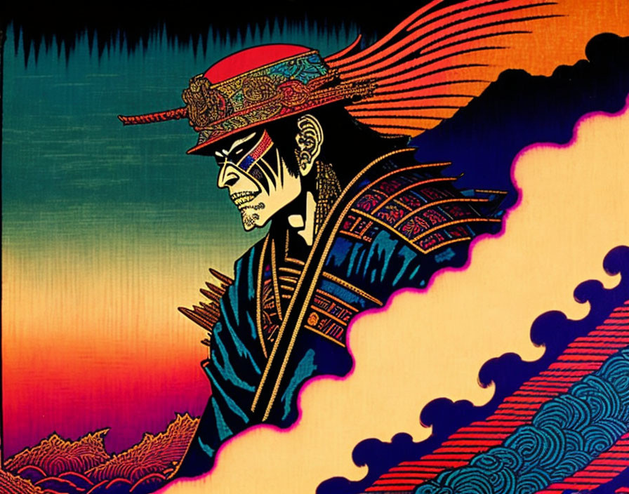 Samurai profile with stylized helmet in vibrant Japanese woodblock style