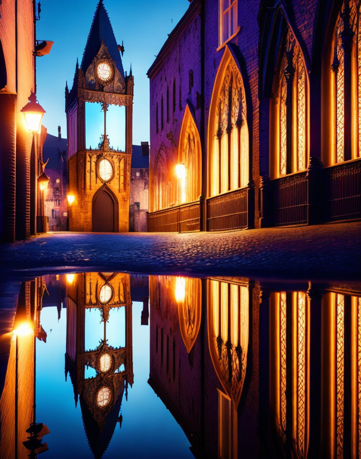 Historical cobblestone street with clock tower and reflections at twilight