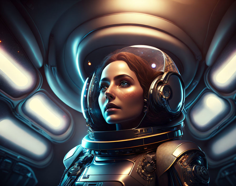 Female astronaut in futuristic space suit against sci-fi corridor background