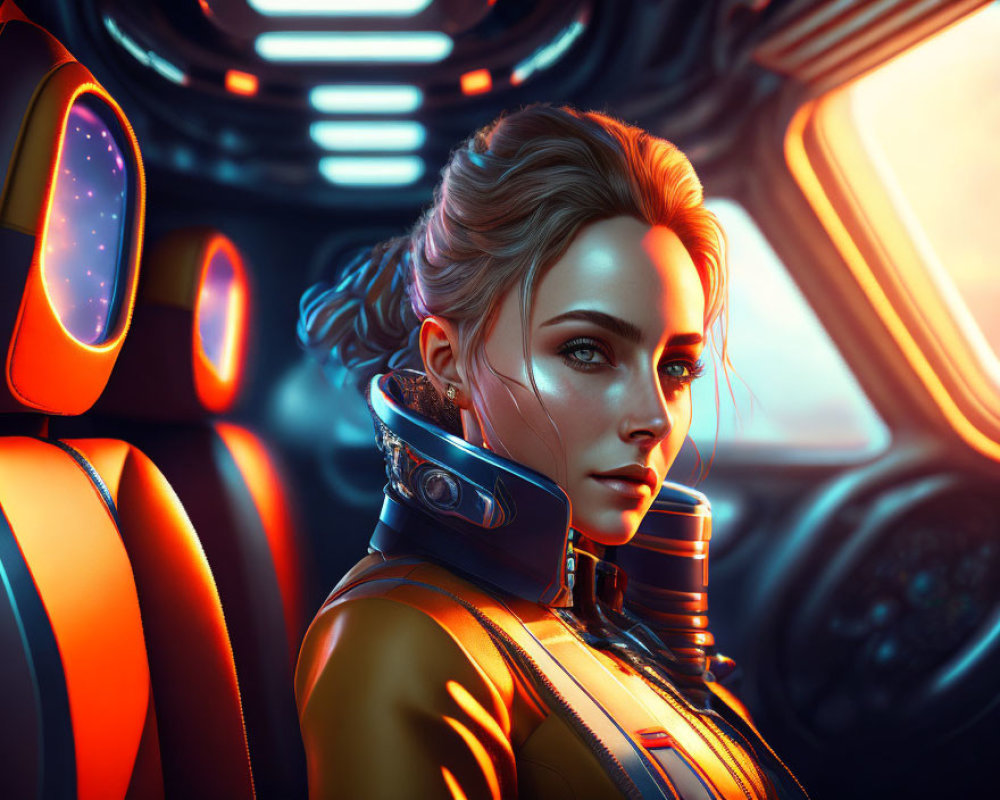 Digital artwork: Woman in futuristic spacesuit in sci-fi spacecraft