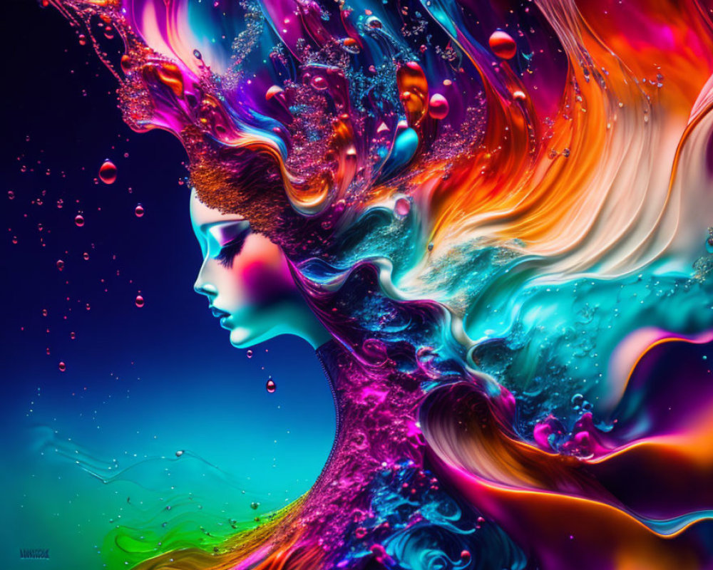 Colorful digital artwork: Woman's profile with dynamic liquid hair