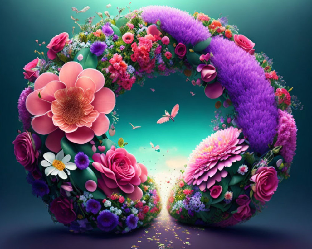 Colorful Floral Wreath with Surreal Path and Butterflies