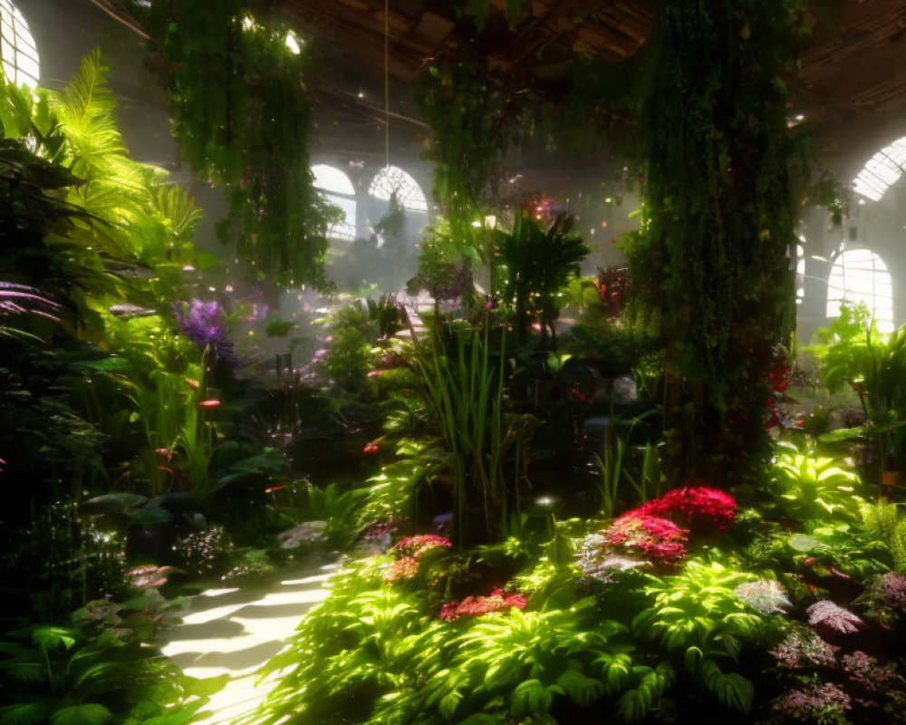 Indoor garden with vibrant flowers and greenery under sunlight
