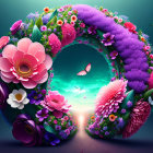 Colorful Floral Wreath with Surreal Path and Butterflies