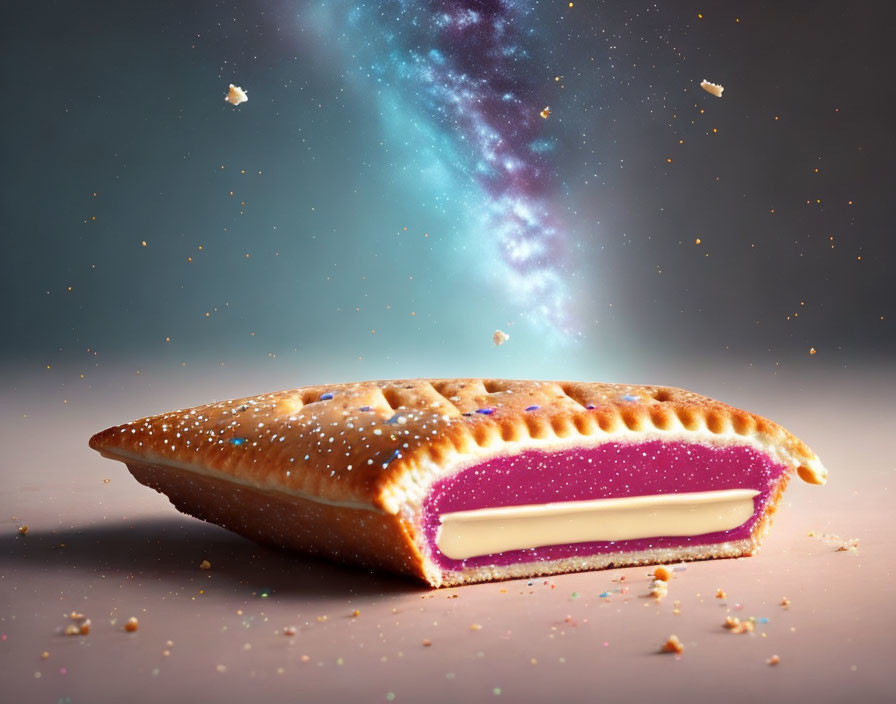 Cosmic-themed pastry with starry filling and cream layer on celestial background