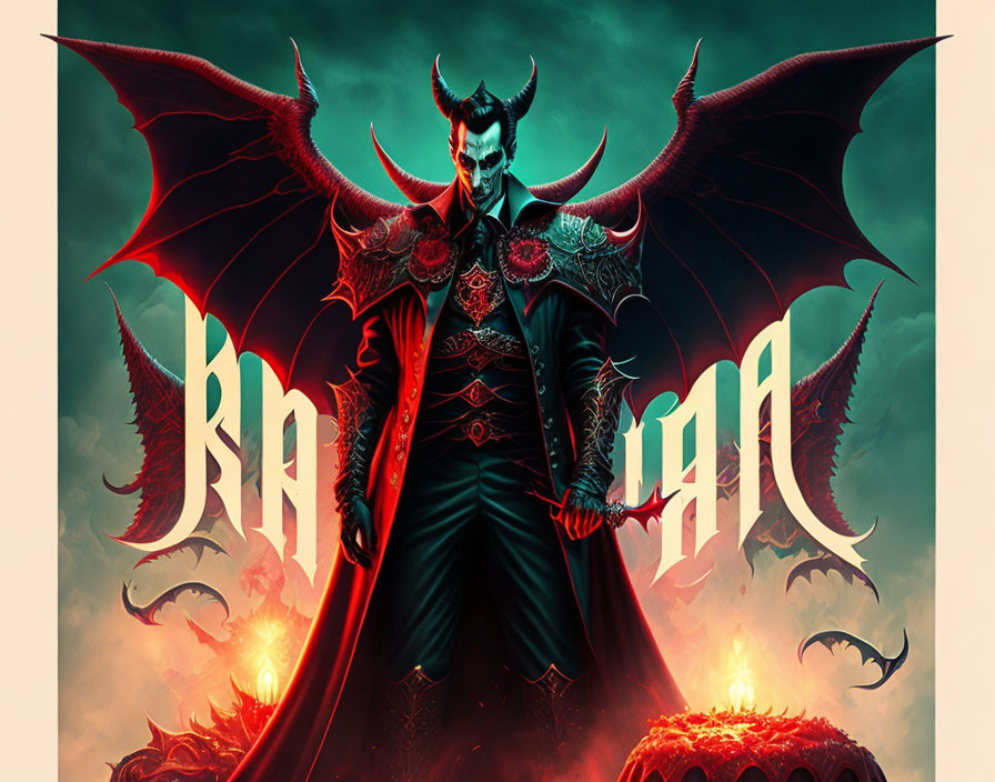 Menacing character with horns and wings in red and black attire above fiery scene