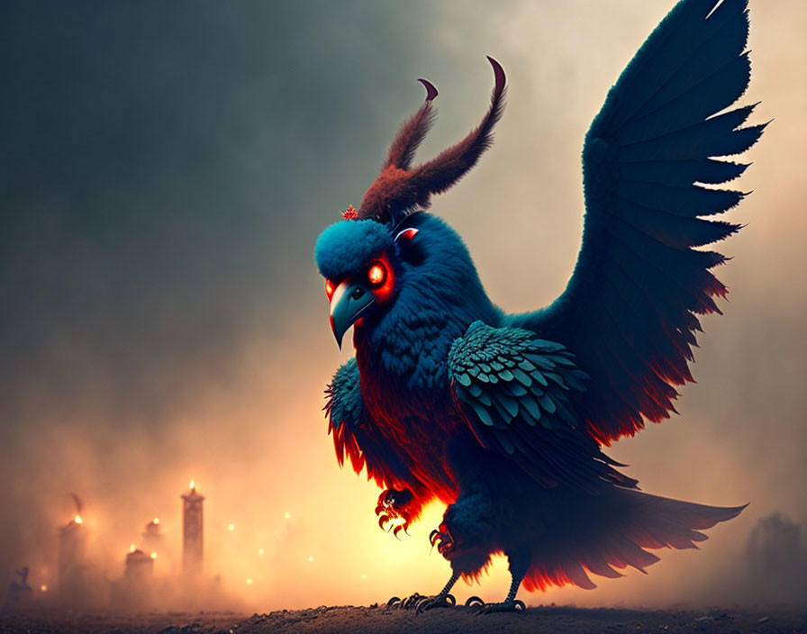 Large Blue Bird with Fiery Red Eyes and Talons Against Dramatic Smoky Backdrop