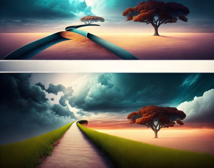 Surreal landscapes with elevated pathways leading to a tree under dramatic skies