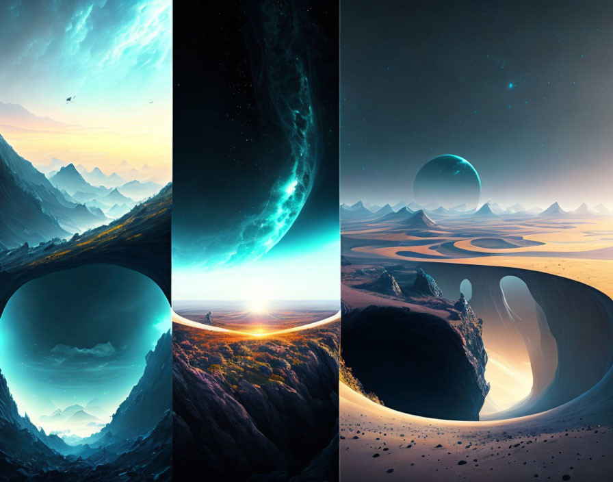 Vibrant surreal landscapes with fantasy and sci-fi elements