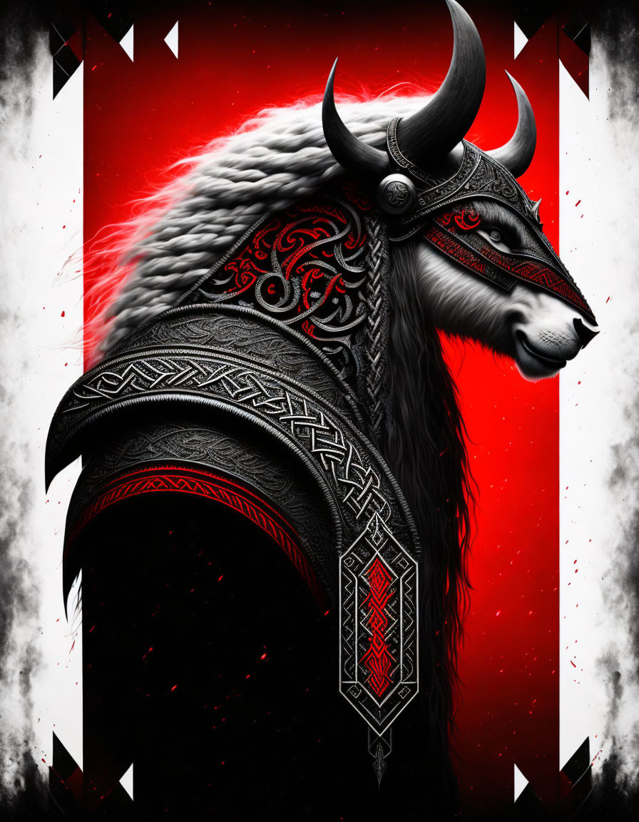 Detailed tribal buffalo illustration on red and black background