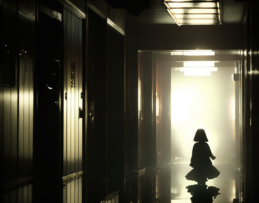 Person walking in bright hallway with glossy floor and dark doors