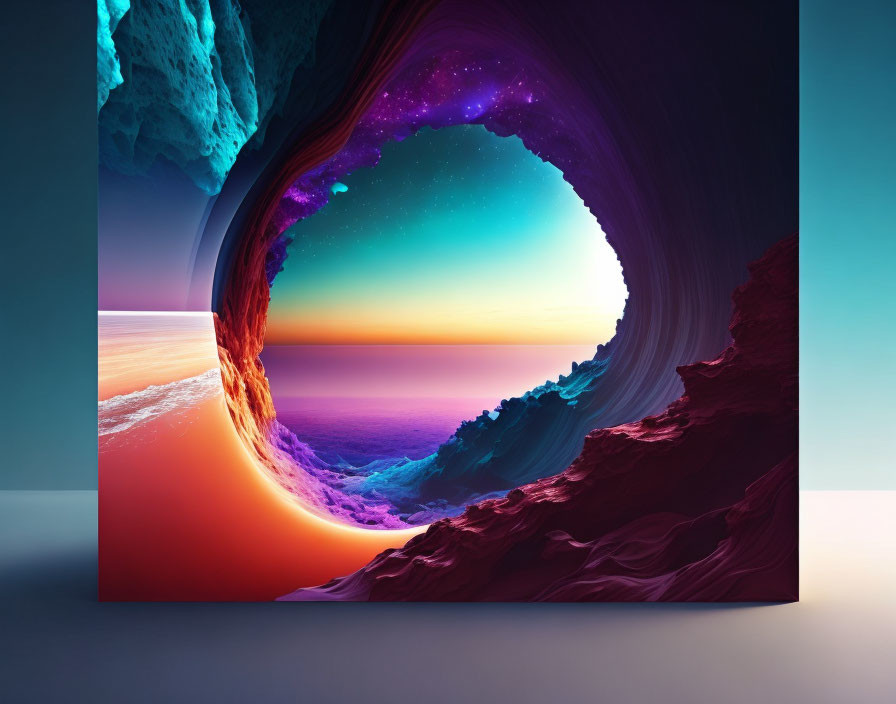 Surreal wave-shaped universe with twilight to deep space colors against coastal backdrop