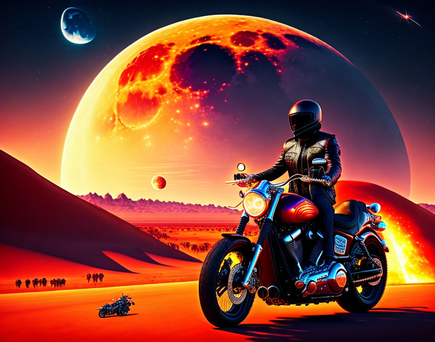 Motorcyclist in black gear on cruiser bike in alien desert landscape