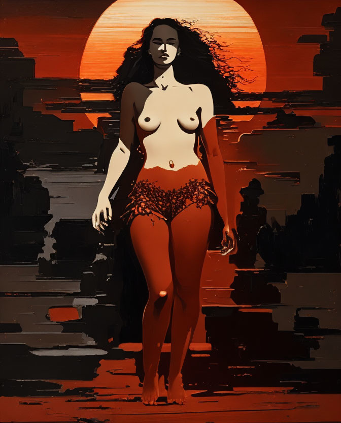 Stylized nude female figure walking towards setting sun in artwork