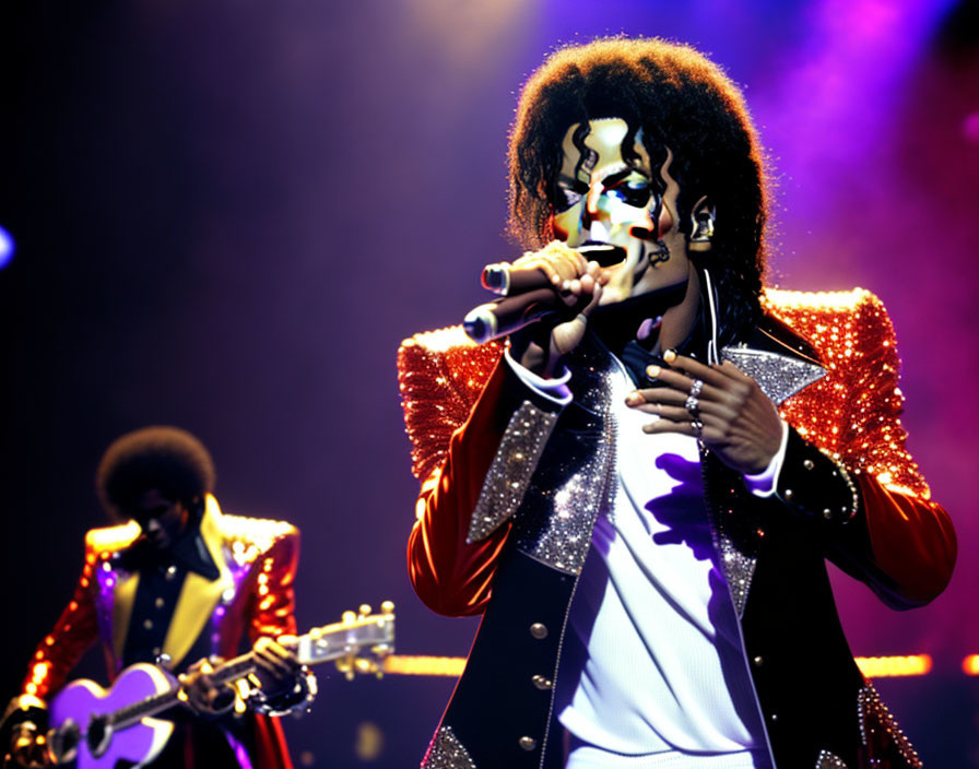 Iconic Hairstyle Performer in Red Jacket Singing with Guitarist