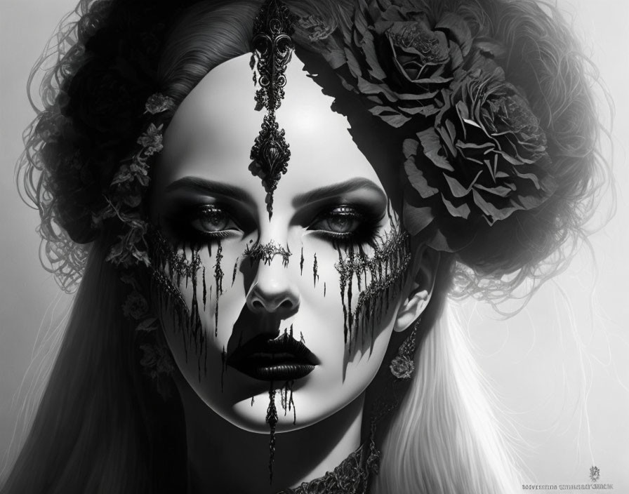 Monochromatic image of woman with dark makeup and floral headpiece