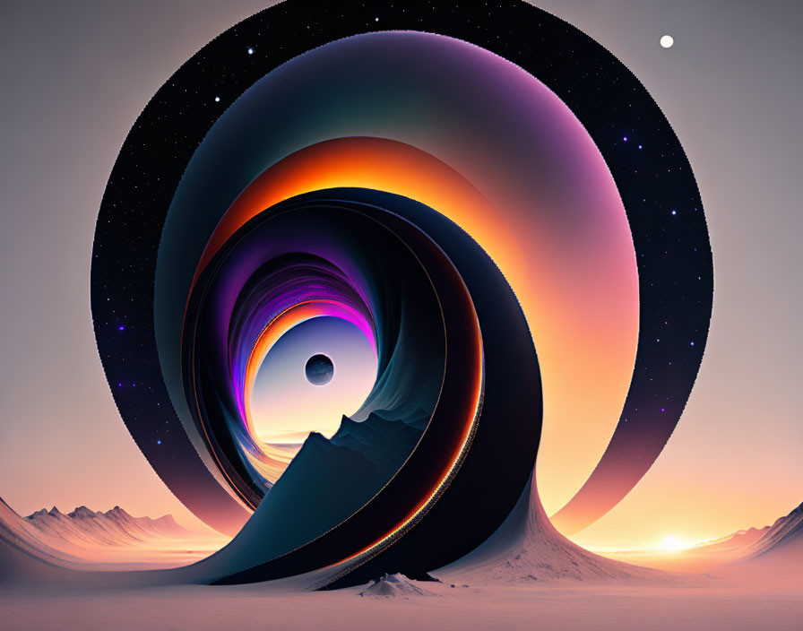 Vibrant surreal landscape with wave-like hills and cosmic sky