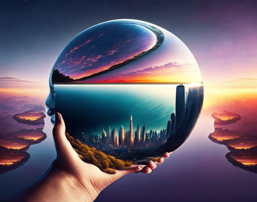 Surreal hand holding reflective spherical object with cityscape and cosmic elements.