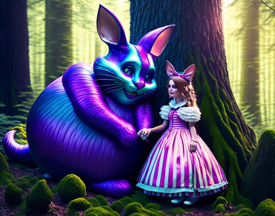 Victorian girl with whimsical purple cat in magical forest