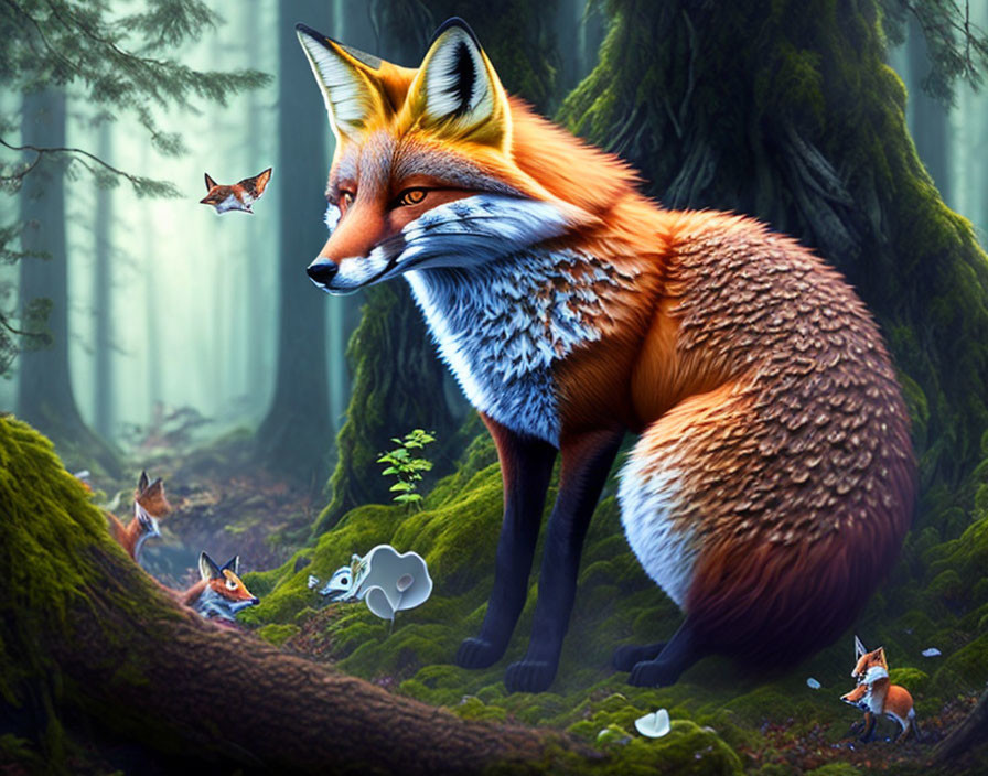 Colorful Fox Family in Enchanted Forest with Butterflies