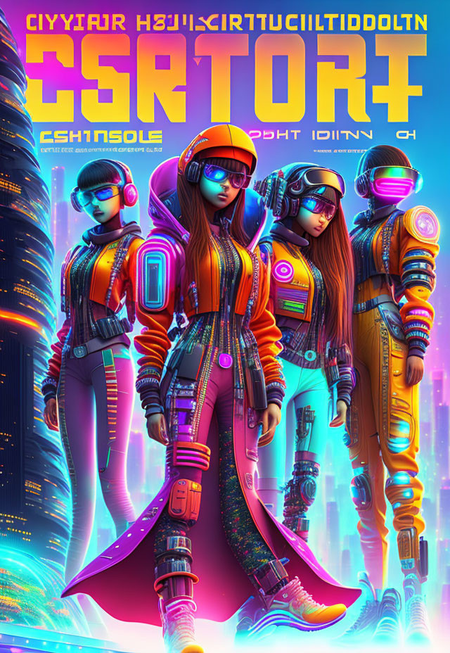 Colorful futuristic characters with cyborg elements in neon cityscape.