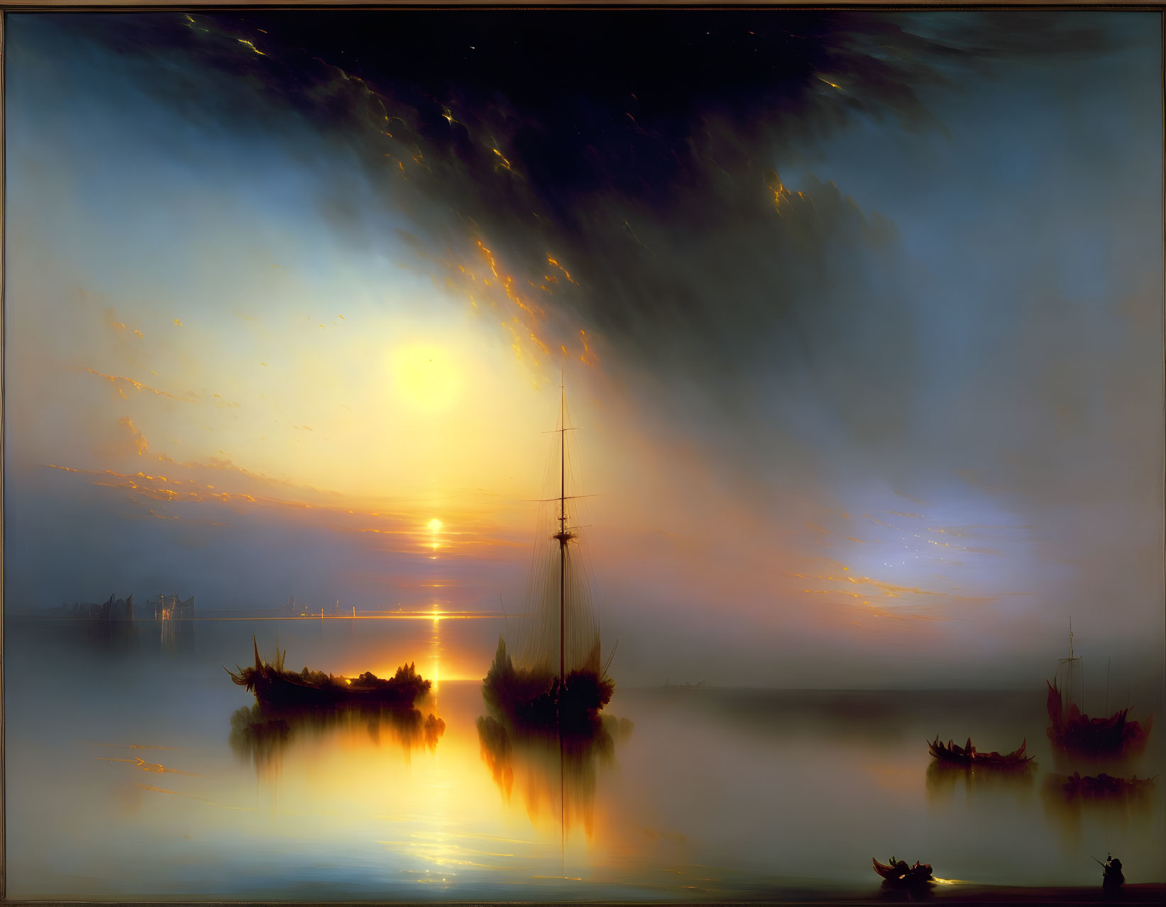 Golden sunrise over reflective waters with ship silhouettes and dramatic cloudscape