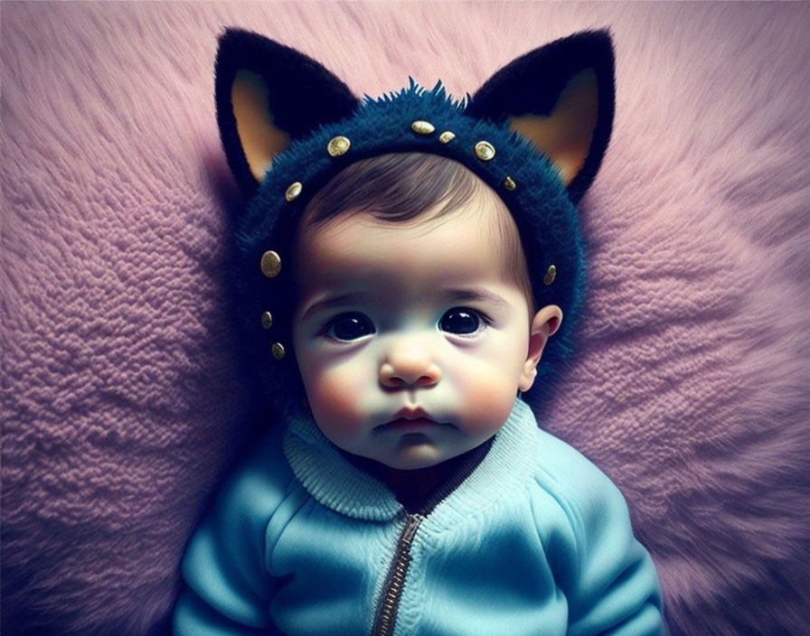 Baby in Blue Onesie with Black Cat Ear Headband on Pink Surface