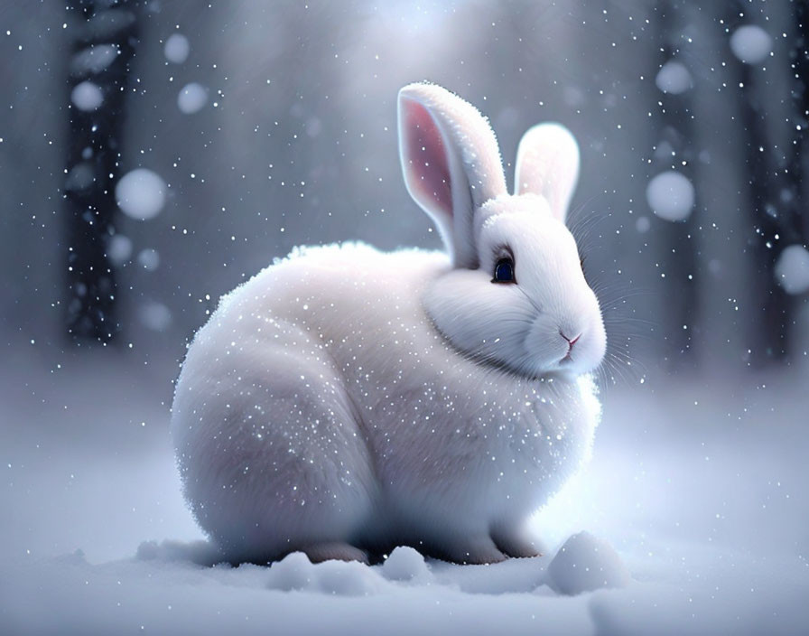 White Rabbit in Snowy Landscape with Falling Snowflakes