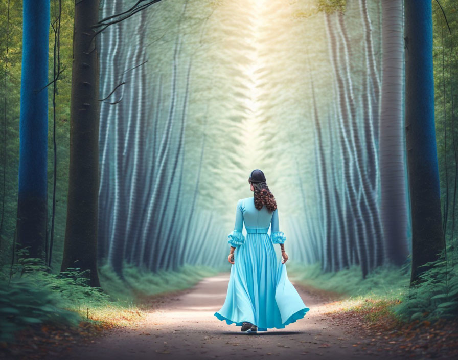 Woman in Blue Dress Walking on Forest Path with Sunlight Filtering Through Trees