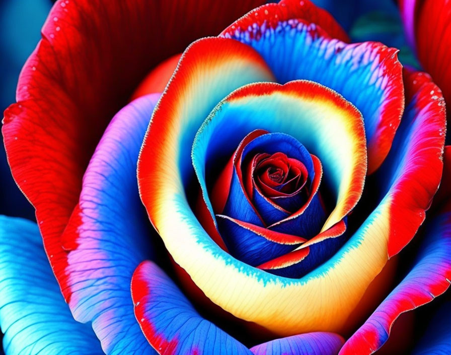 Multicolored Rose with Blue, Red, and Yellow Central Bloom