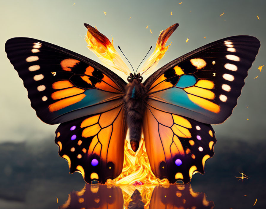 Colorful Butterfly with Flame-Like Wings and Sparkles on Reflective Surface