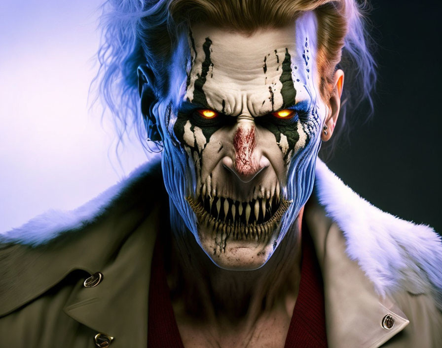 Intense red-eyed person with skull-like face paint and blue hair in trench coat.