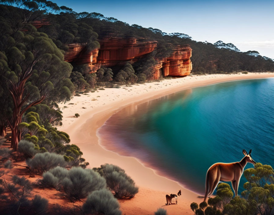 Kangaroo and joey on beach with red cliffs