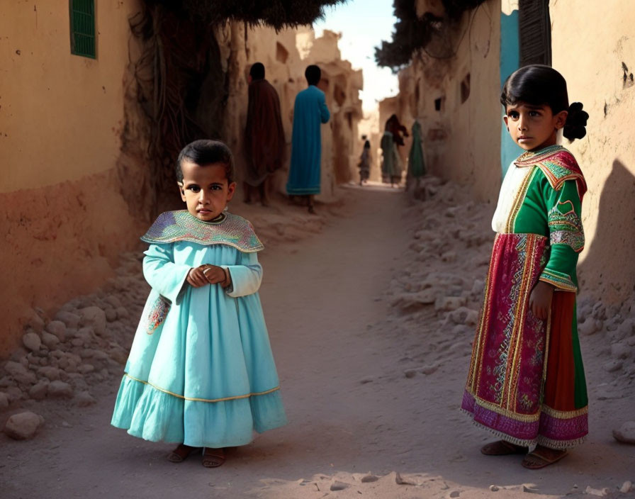 Traditional Attire: Children in Sunlit Alley